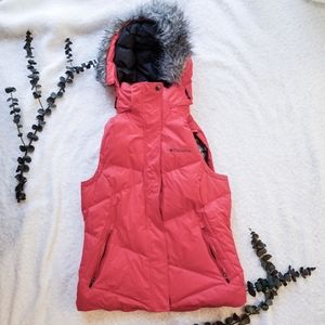 COLUMBIA Women's Red Puffer Vest W/ Fur Lined Hood